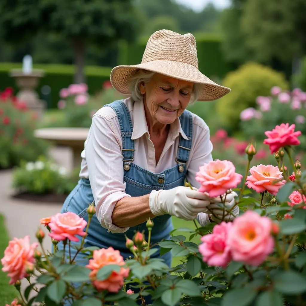 Grandmother tending to her rose garden for IELTS description