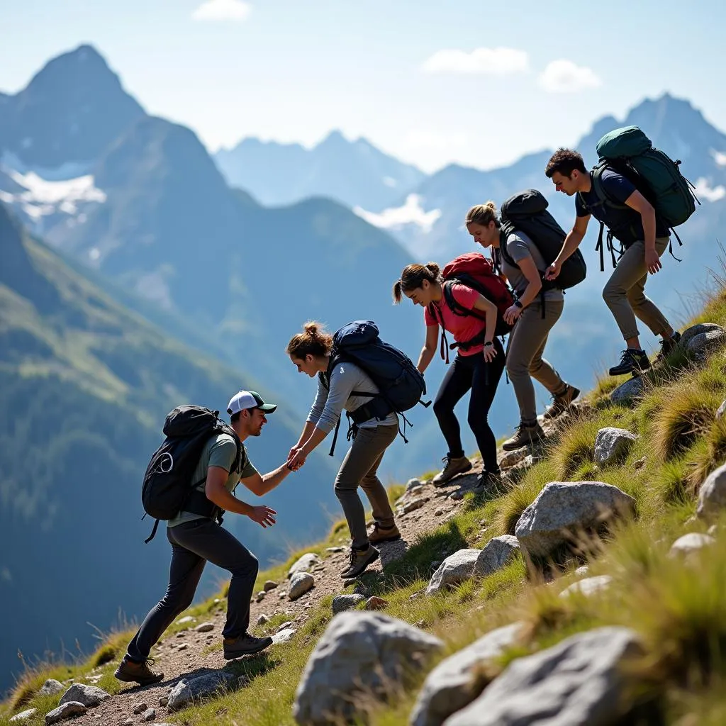 Group of hikers climbing a mountain trail together