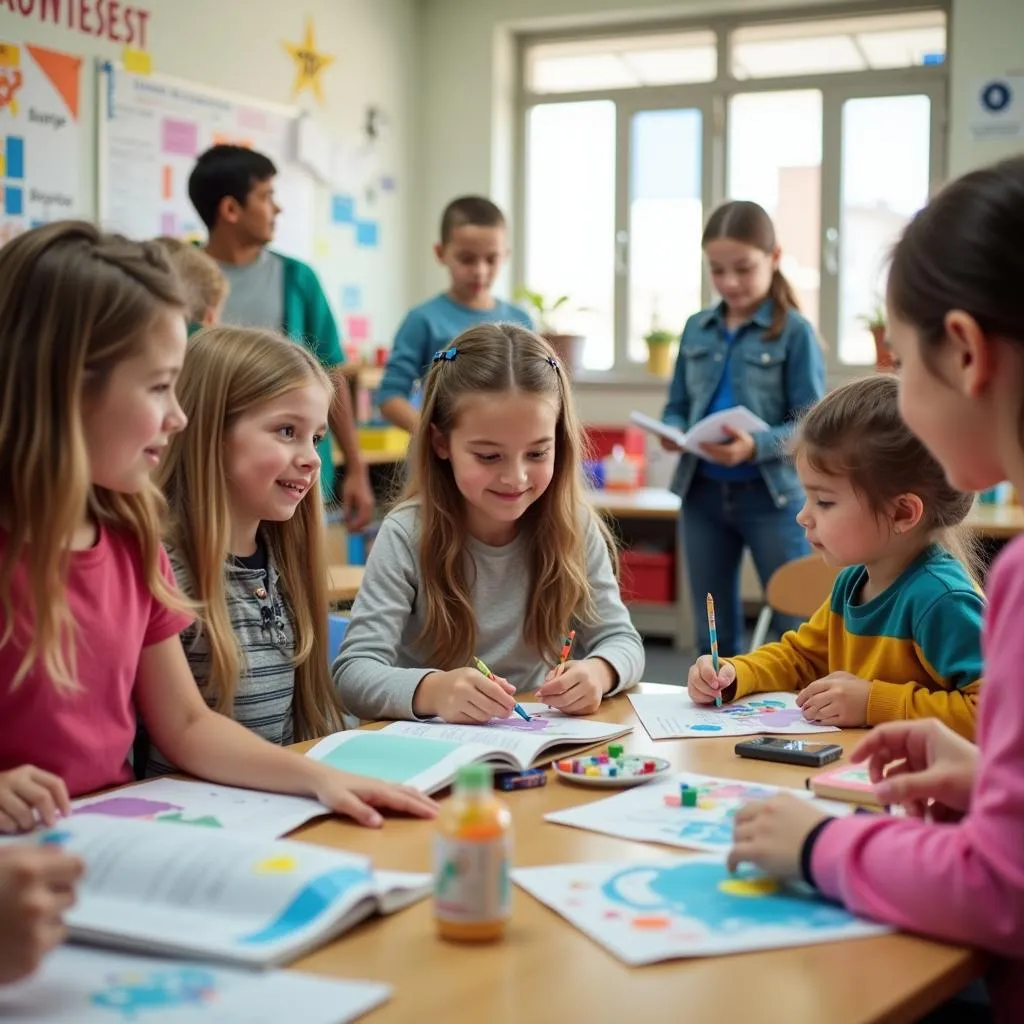 Group of children engaged in various activities in a classroom