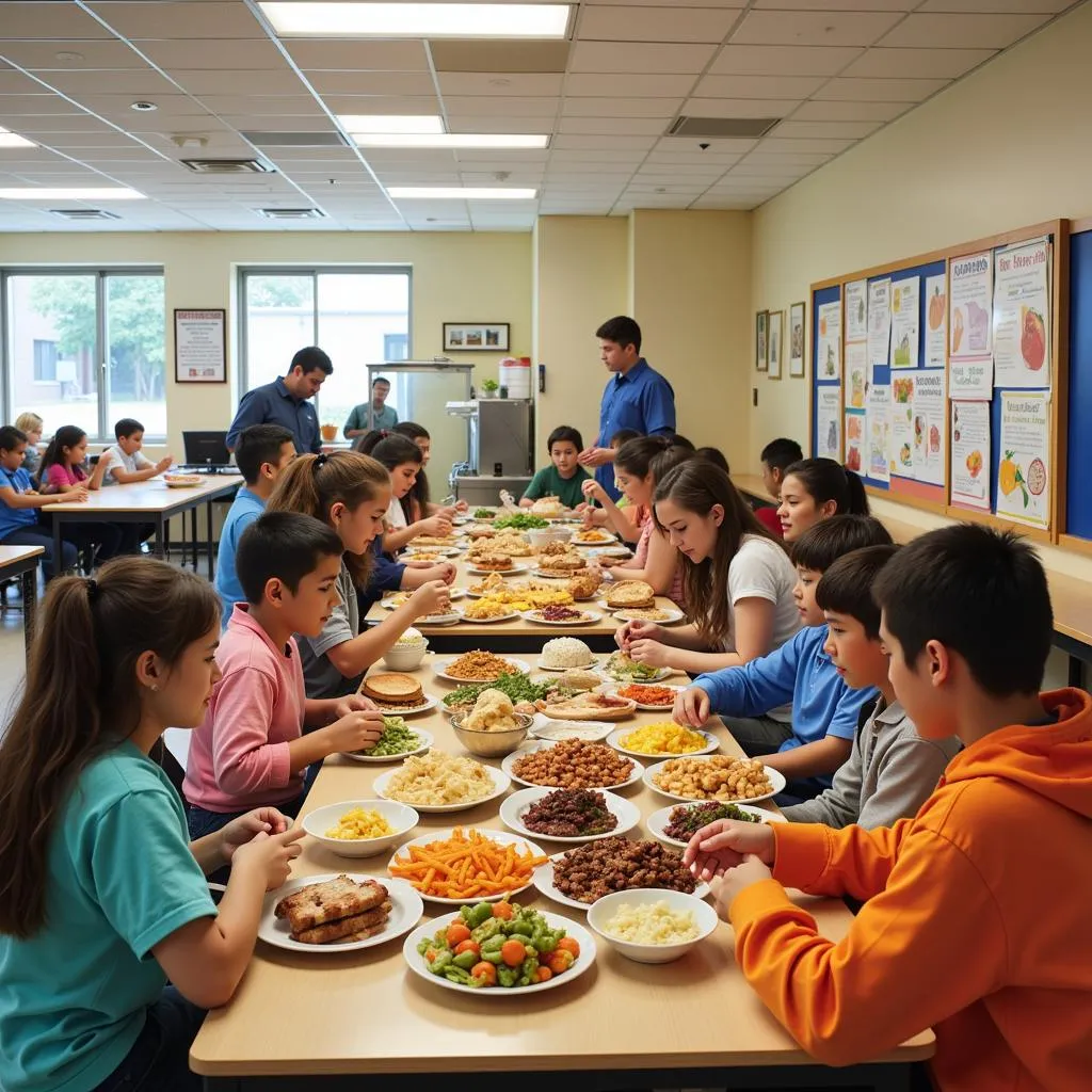 Students selecting healthy food options in school cafeteria