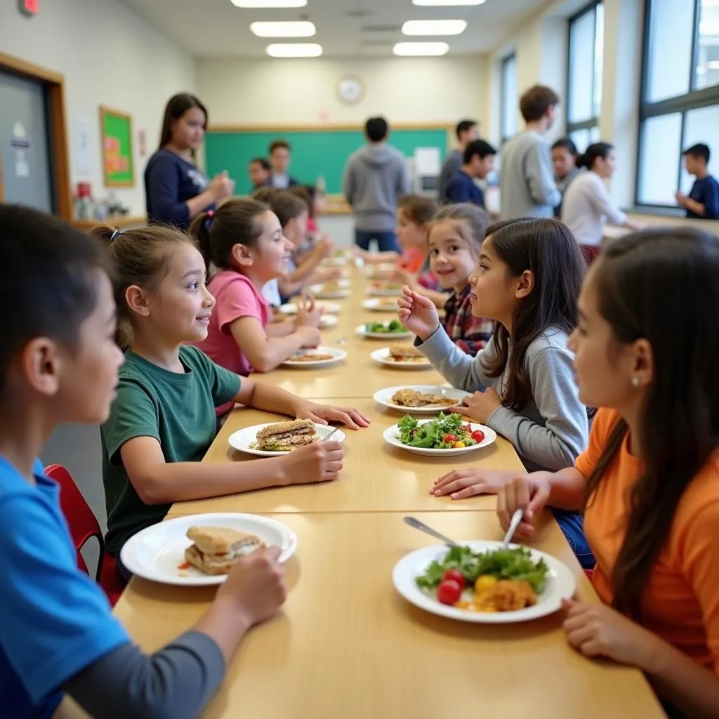 Students enjoying healthy meals in a school canteen