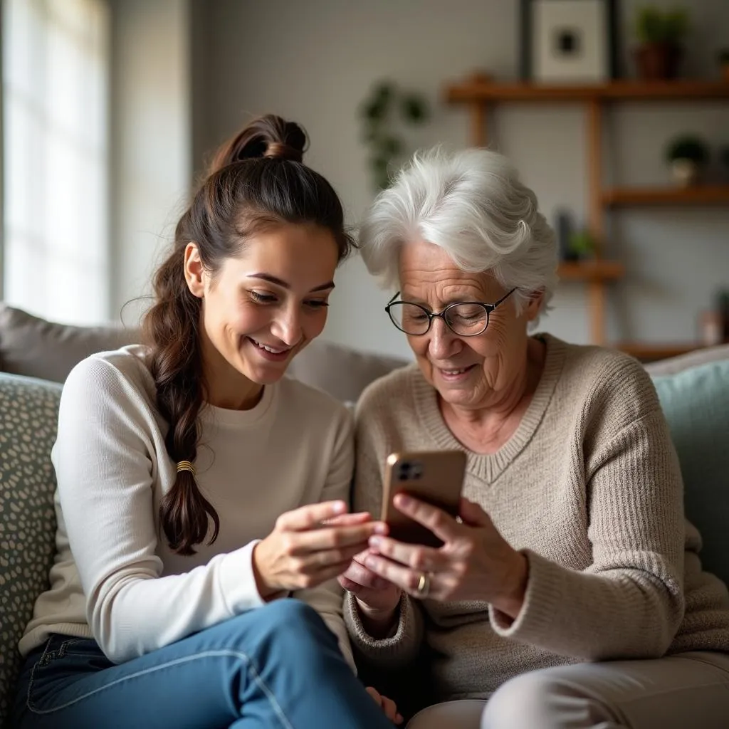 Helping elderly neighbor with smartphone