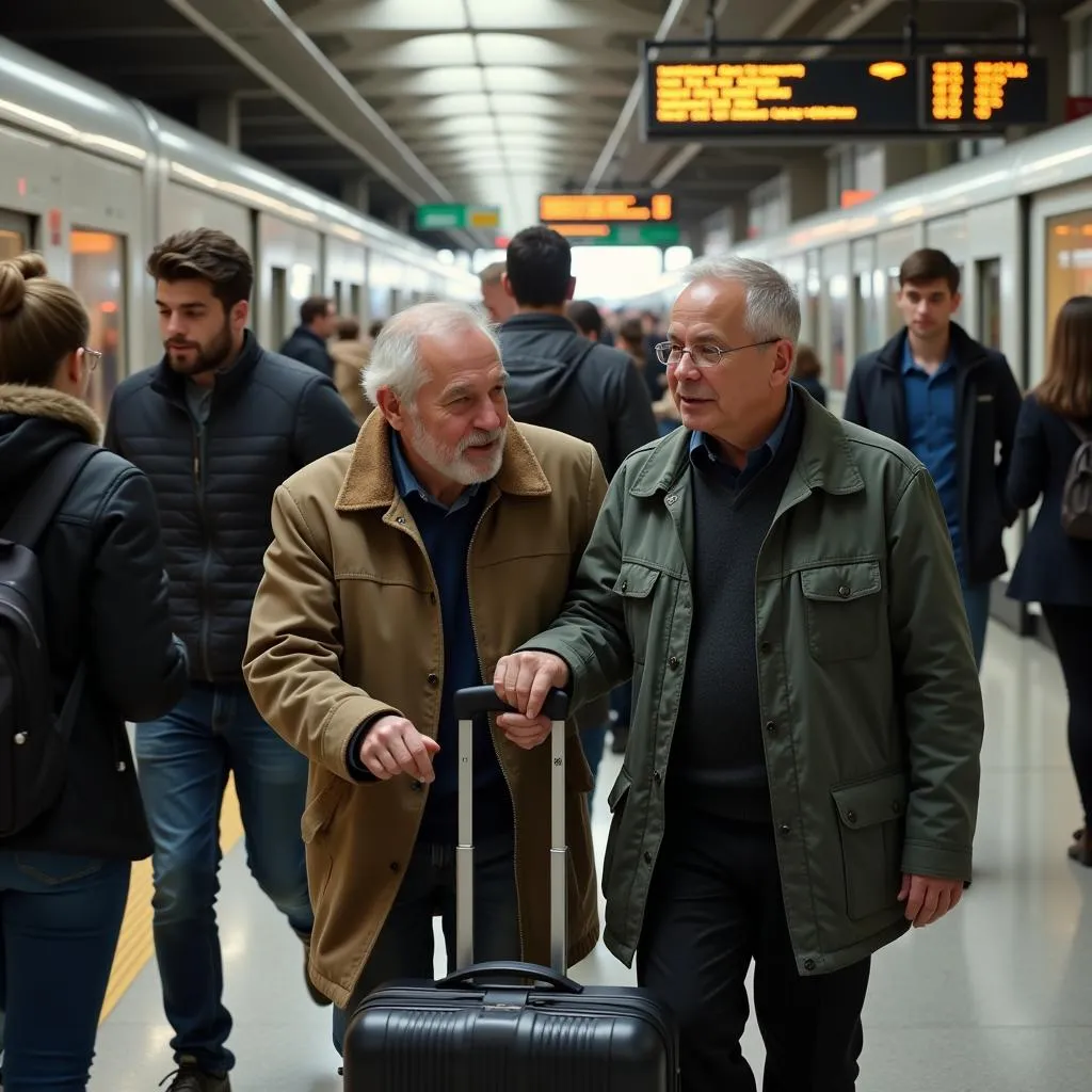 Helping a stranger at a busy train station