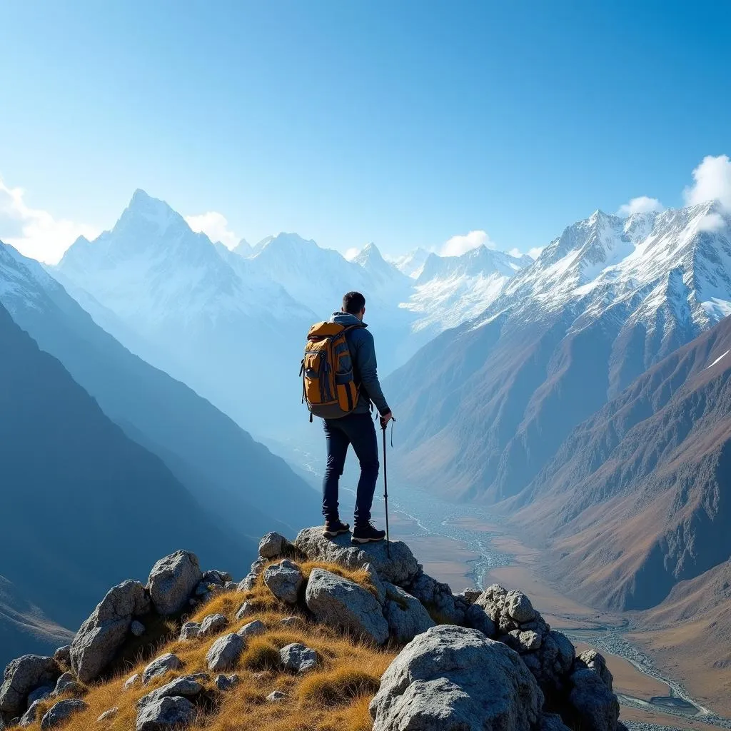 Hiker overlooking majestic Himalayan vista