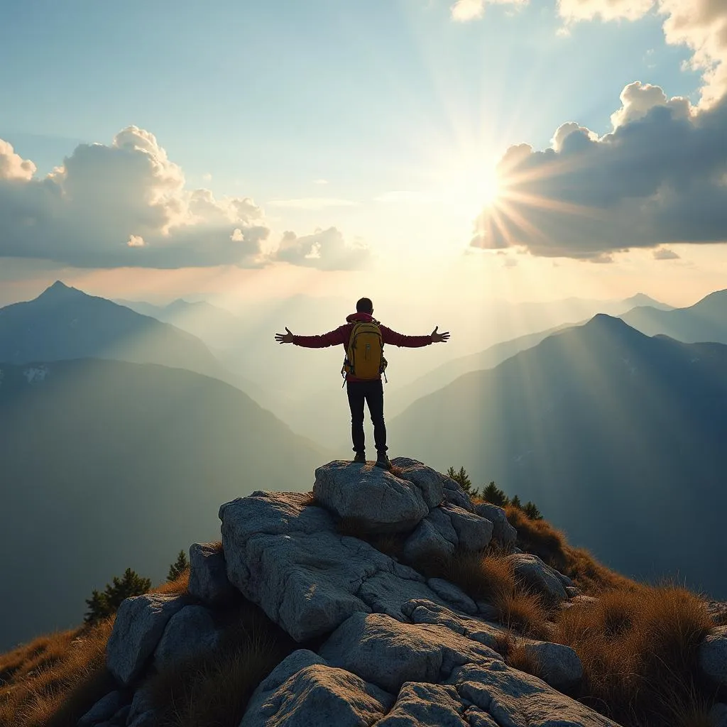 Hiker enjoying a panoramic mountain view