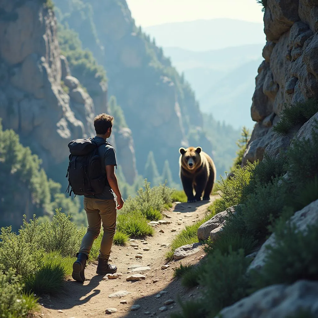 Hiker facing a bear in the mountains