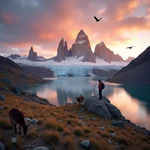 Hiker watching sunrise in Patagonian wilderness