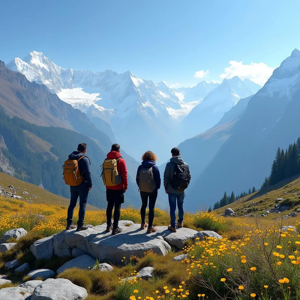 Hikers enjoying panoramic view of Himalayan foothills