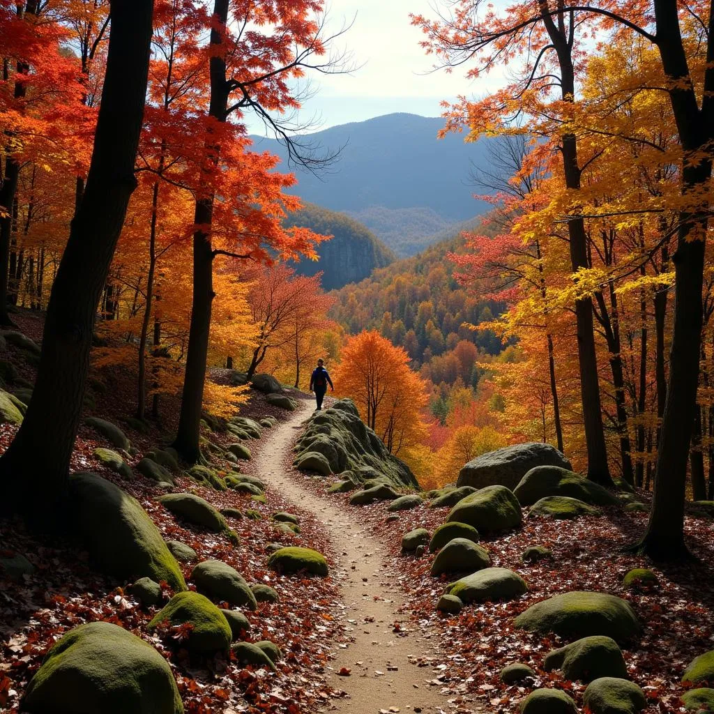 Hiking trail in Smoky Mountains with vibrant autumn foliage