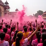 Colorful Holi festival celebration in Vrindavan, India