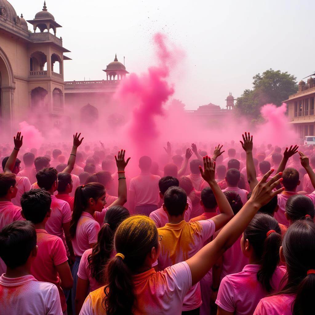 Colorful Holi festival celebration in Vrindavan, India