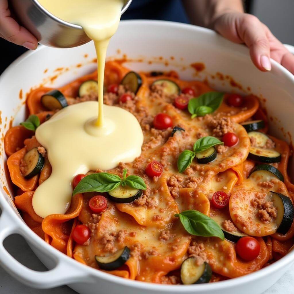 Preparing homemade vegetable lasagna