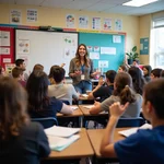 Students debating homework in classroom