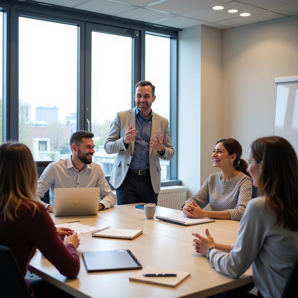 Colleagues laughing during a meeting