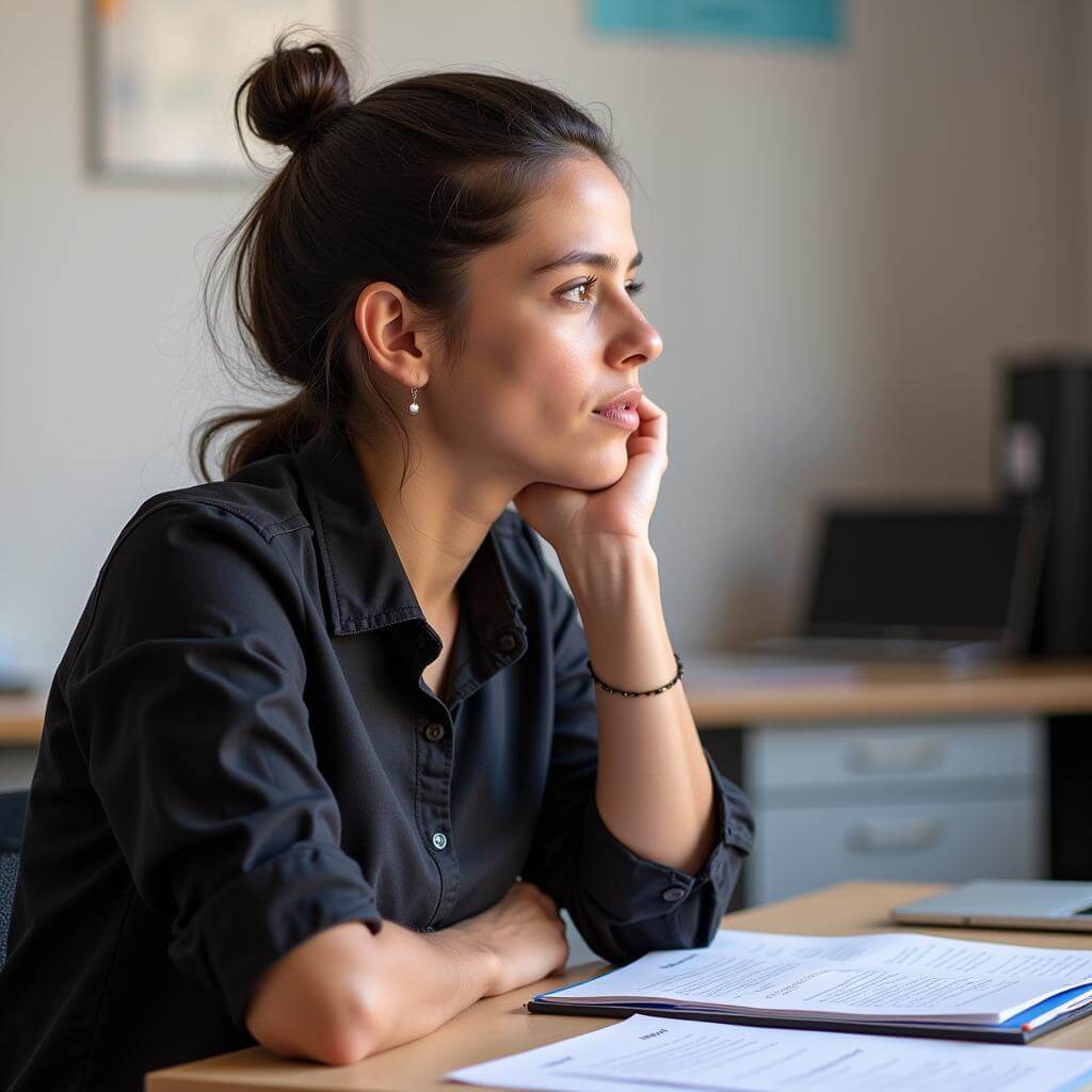 IELTS candidate pausing to think before answering