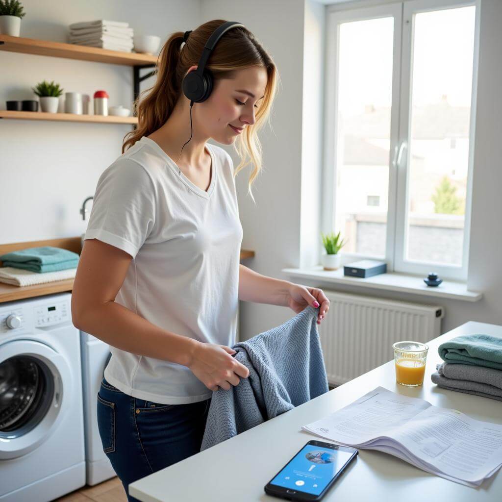 Woman listening to IELTS materials while doing laundry