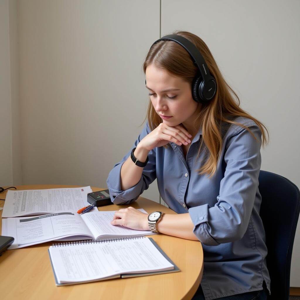 IELTS candidate practicing listening with headphones