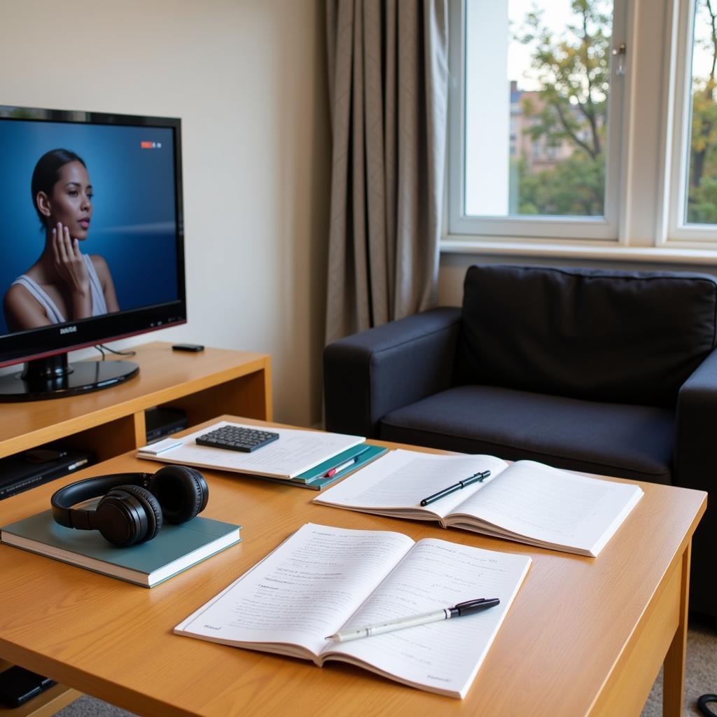 IELTS Listening practice setup with TV and study materials