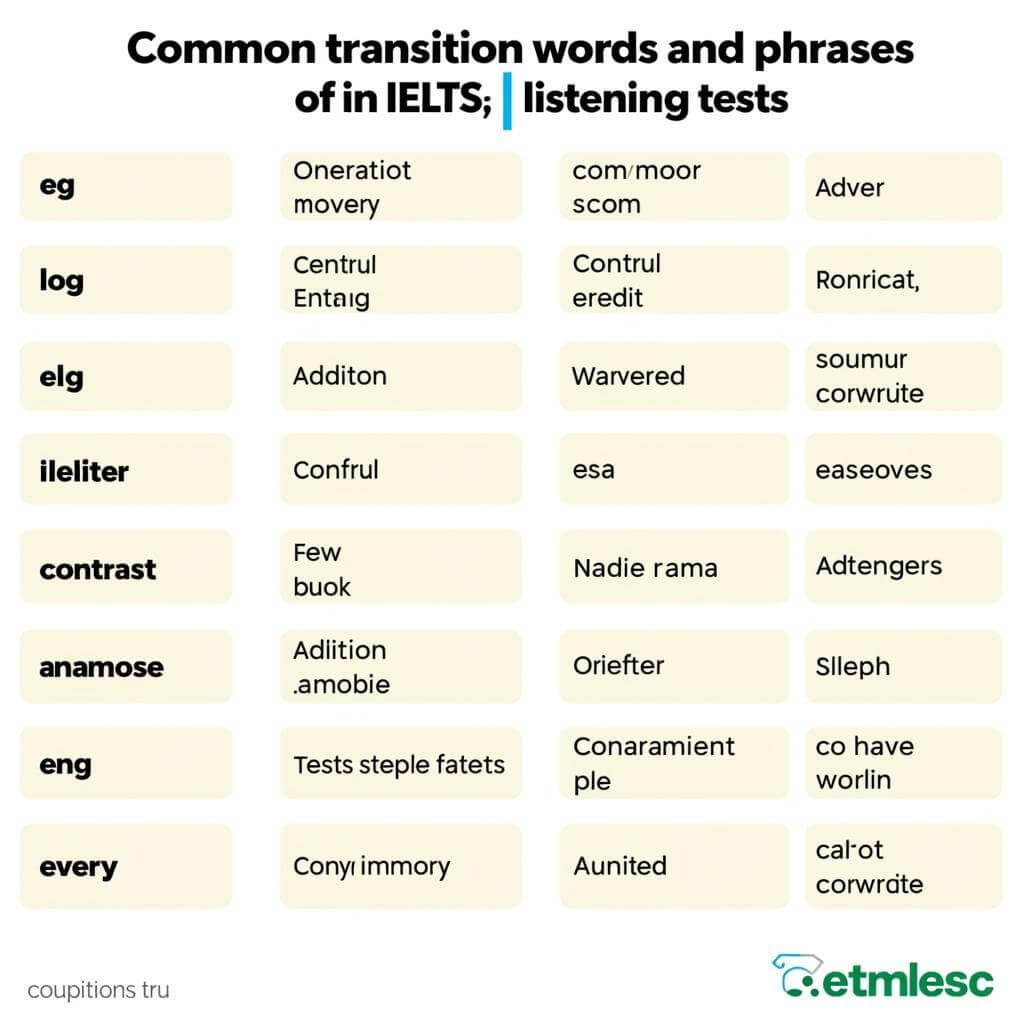 Chart of transition words for IELTS Listening