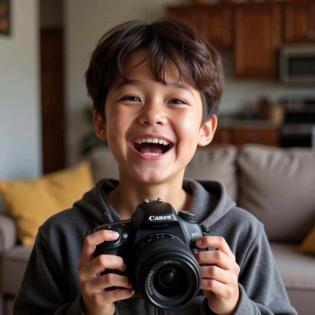 A person holding a DSLR camera with a look of excitement