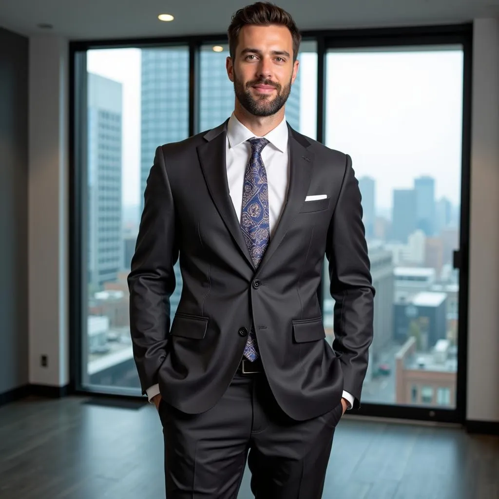 Man wearing a tailored charcoal grey suit