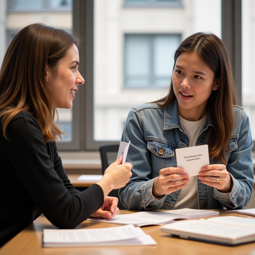 IELTS candidates practicing question forms in pairs