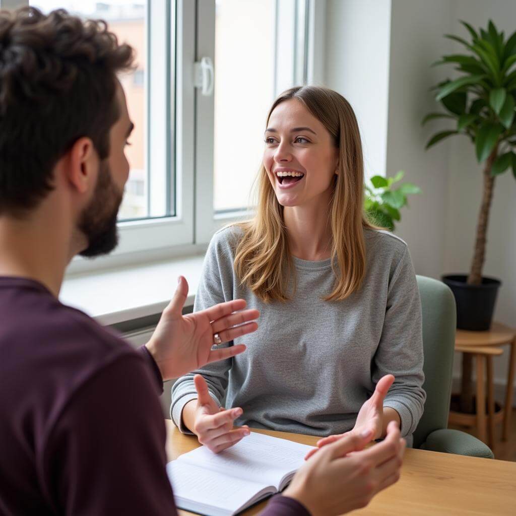 IELTS candidate practicing speaking with tutor