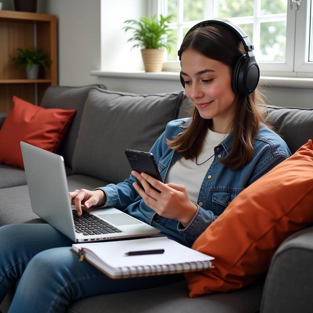 IELTS student practicing active listening with various media