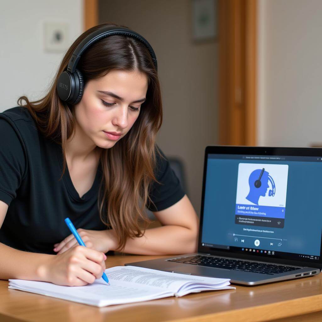 IELTS student using mock test for listening practice