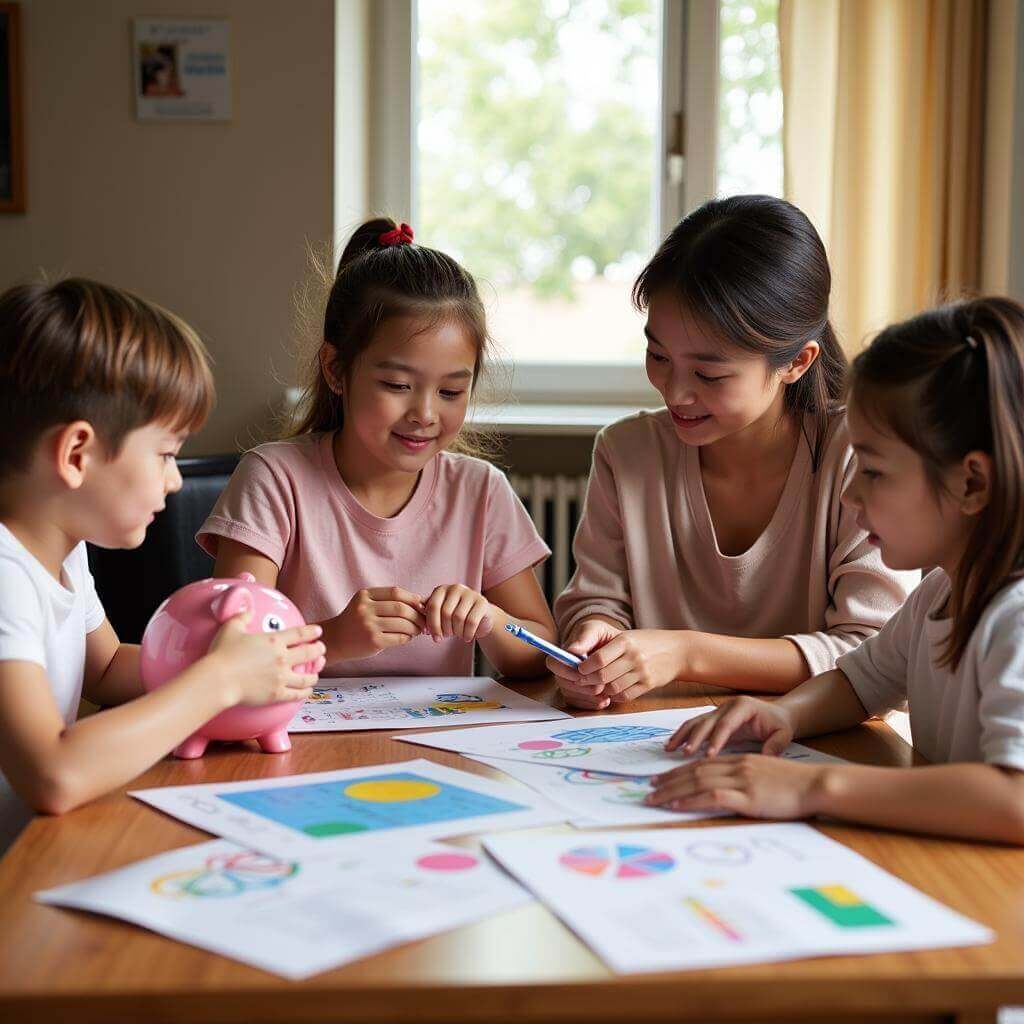 Parents teaching children about budgeting and financial independence