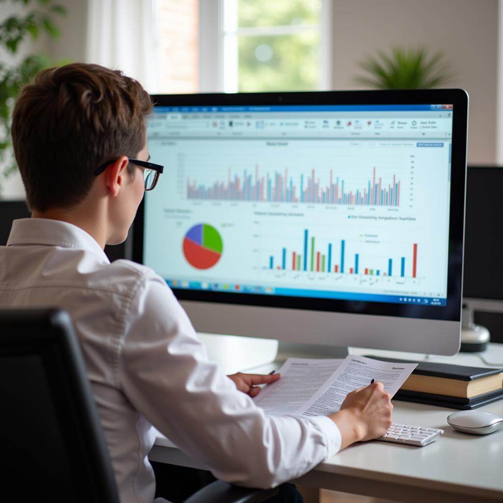 Person analyzing financial documents and charts on a computer