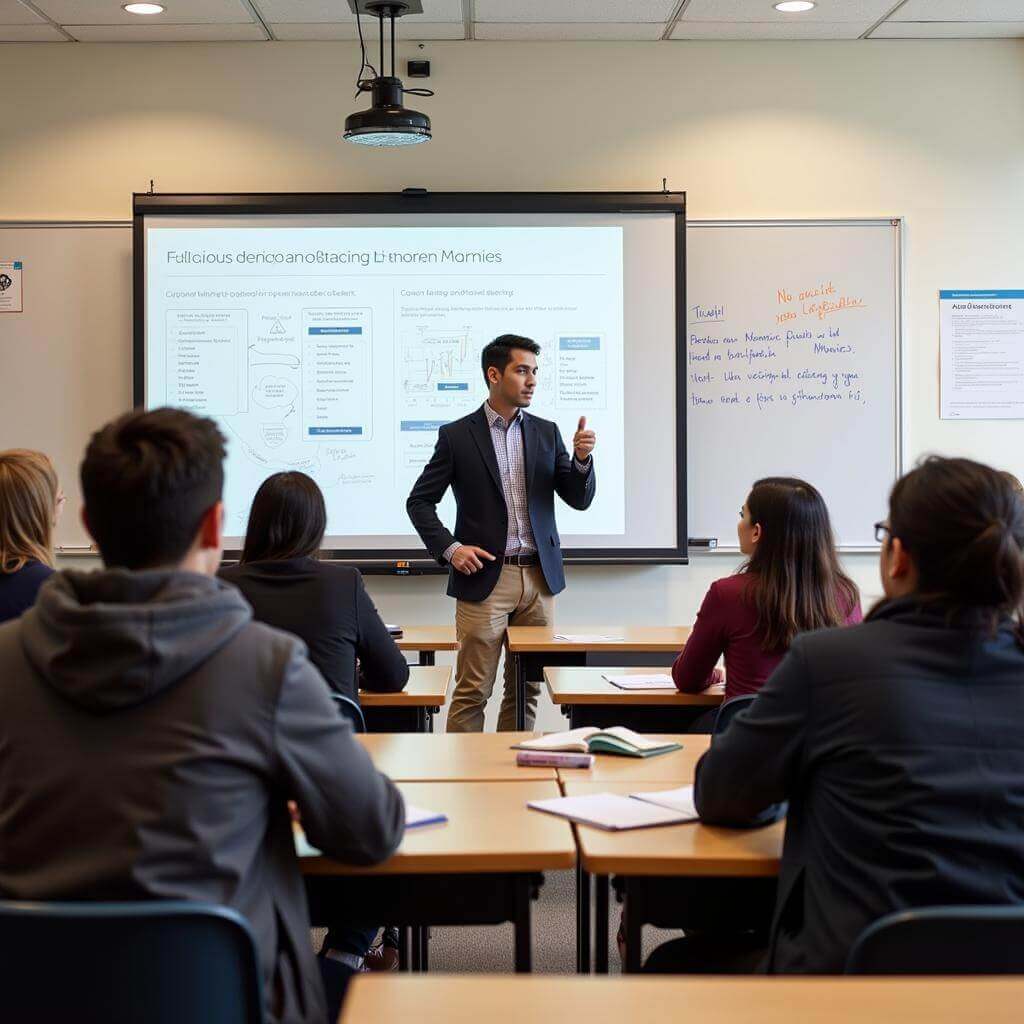 Students learning about taxes and financial planning in classroom