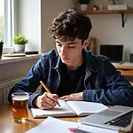 Student practicing IELTS writing at desk