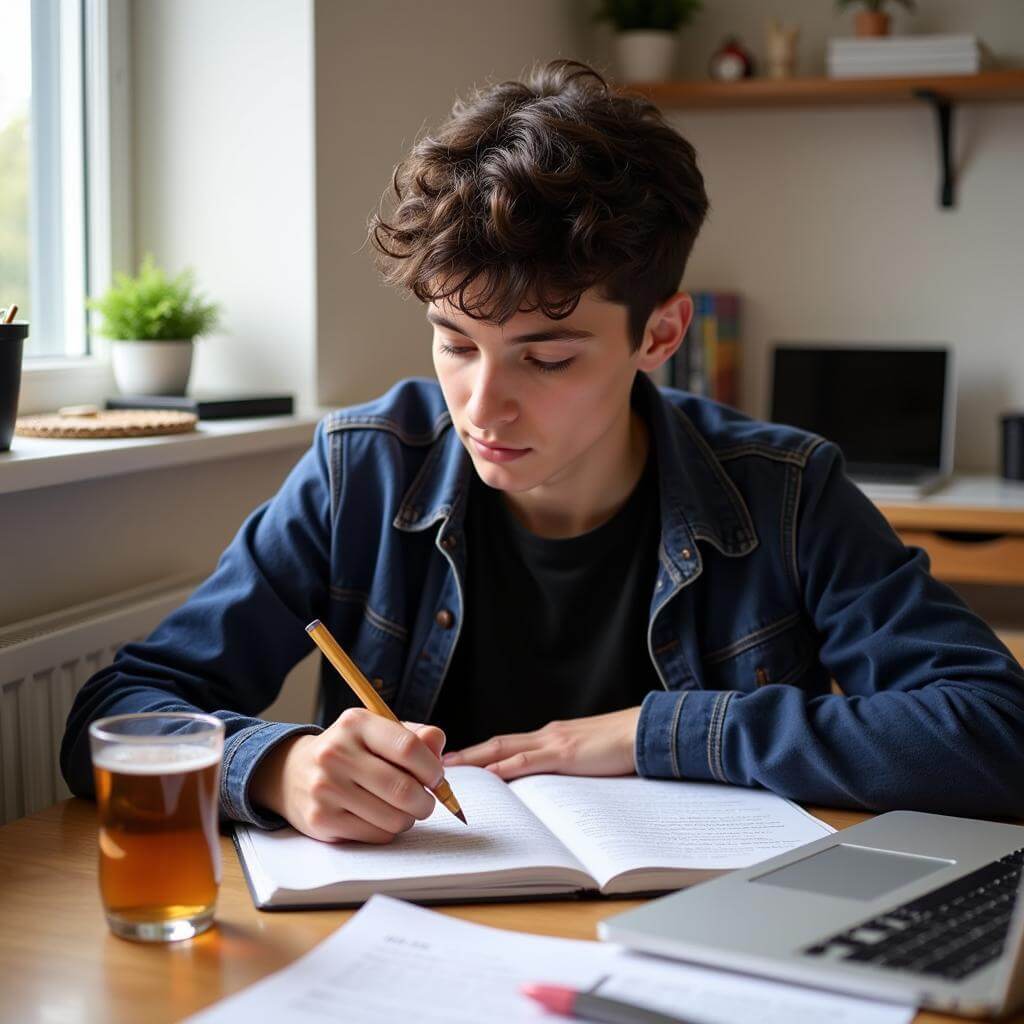 Student practicing IELTS writing at desk