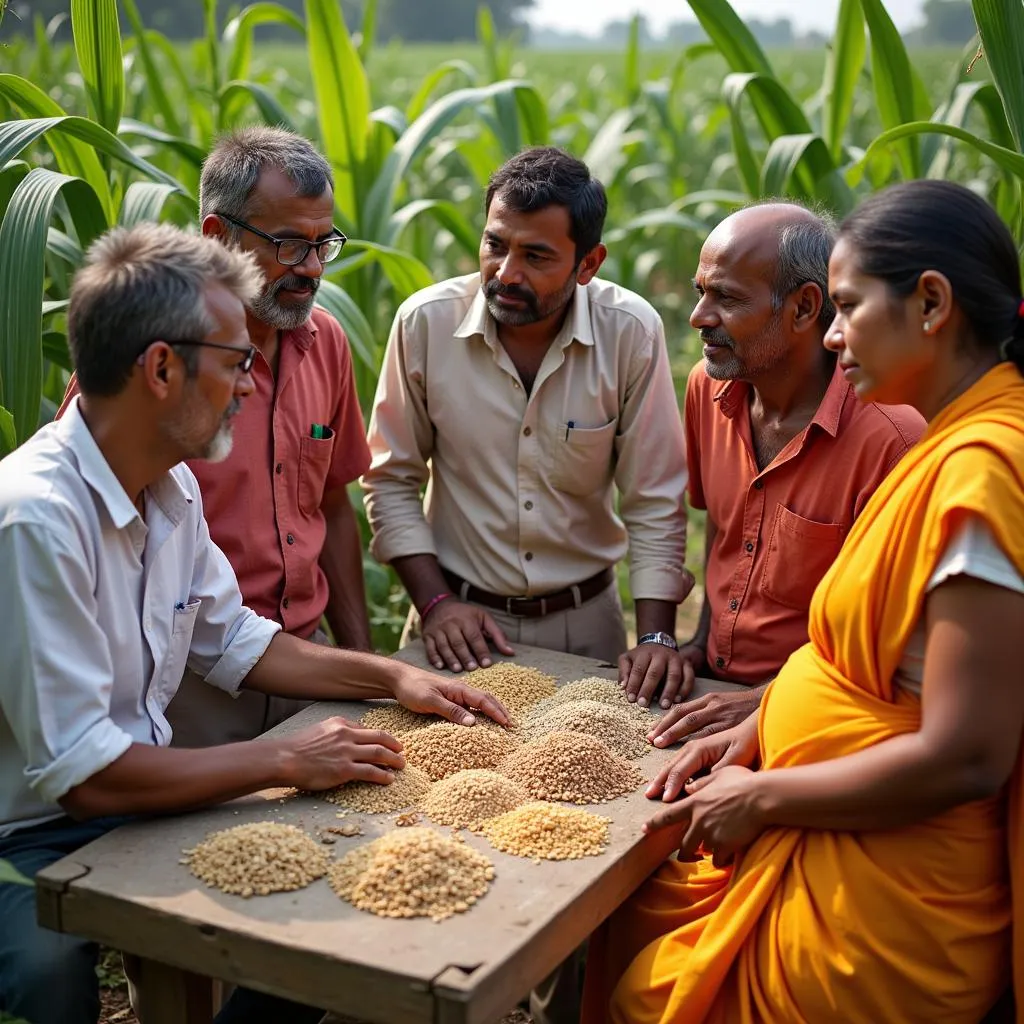 Indian farmers inspecting new crop varieties