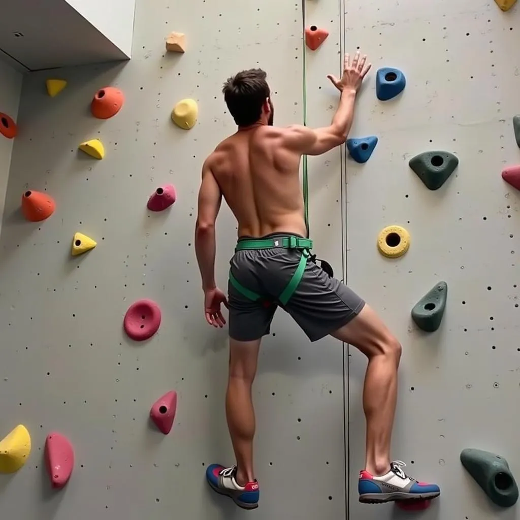 A climber scaling an indoor climbing wall