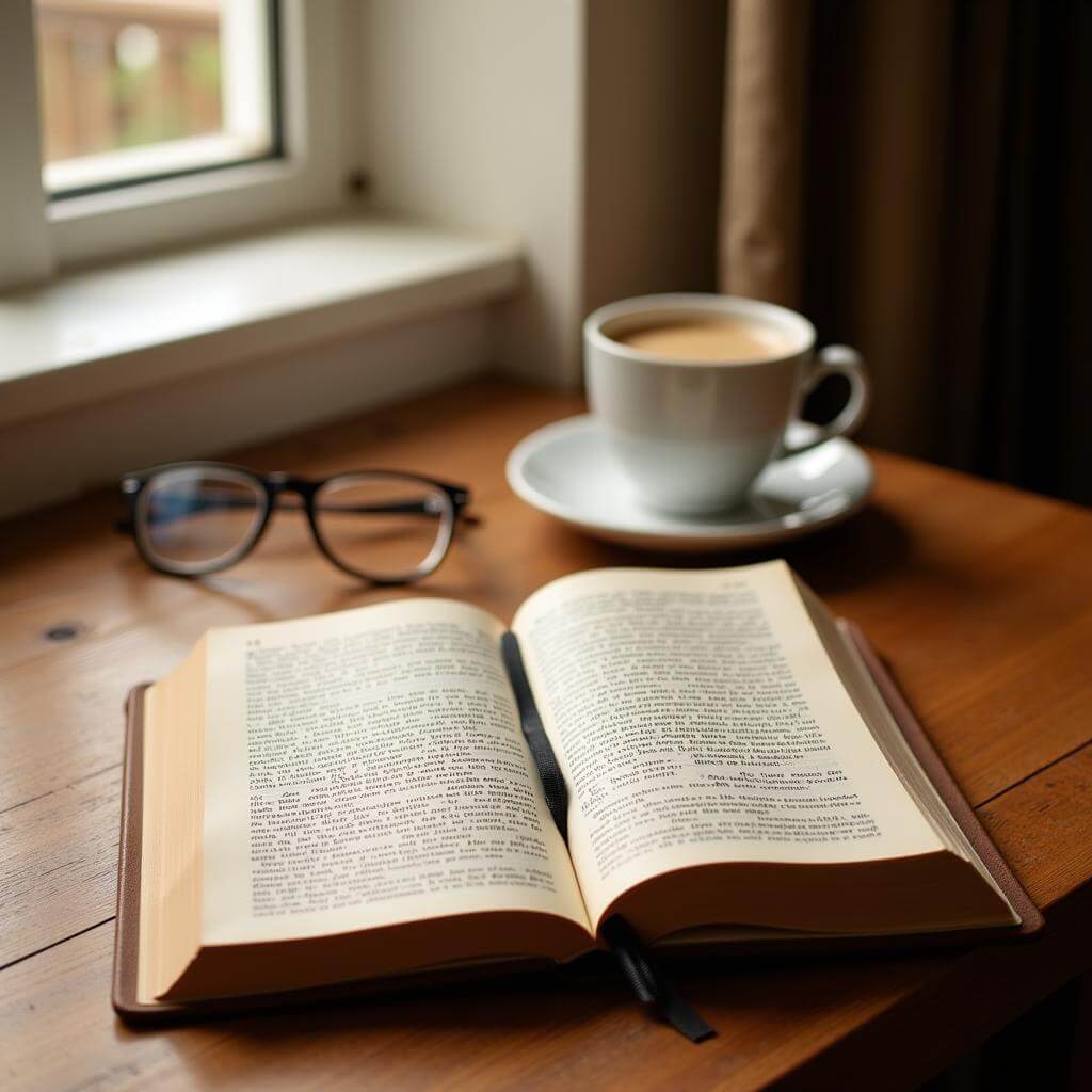 An inspiring book on a desk with reading glasses