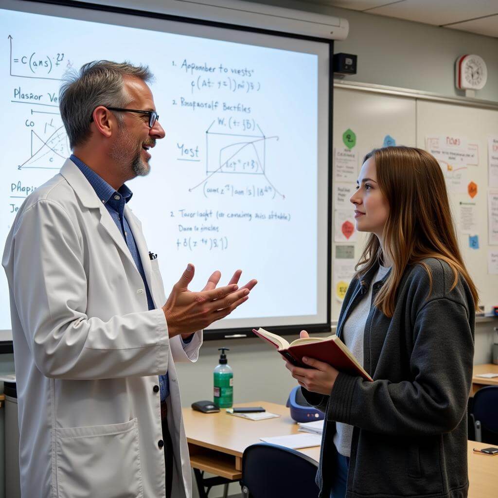 Inspiring teacher explaining science concept to student