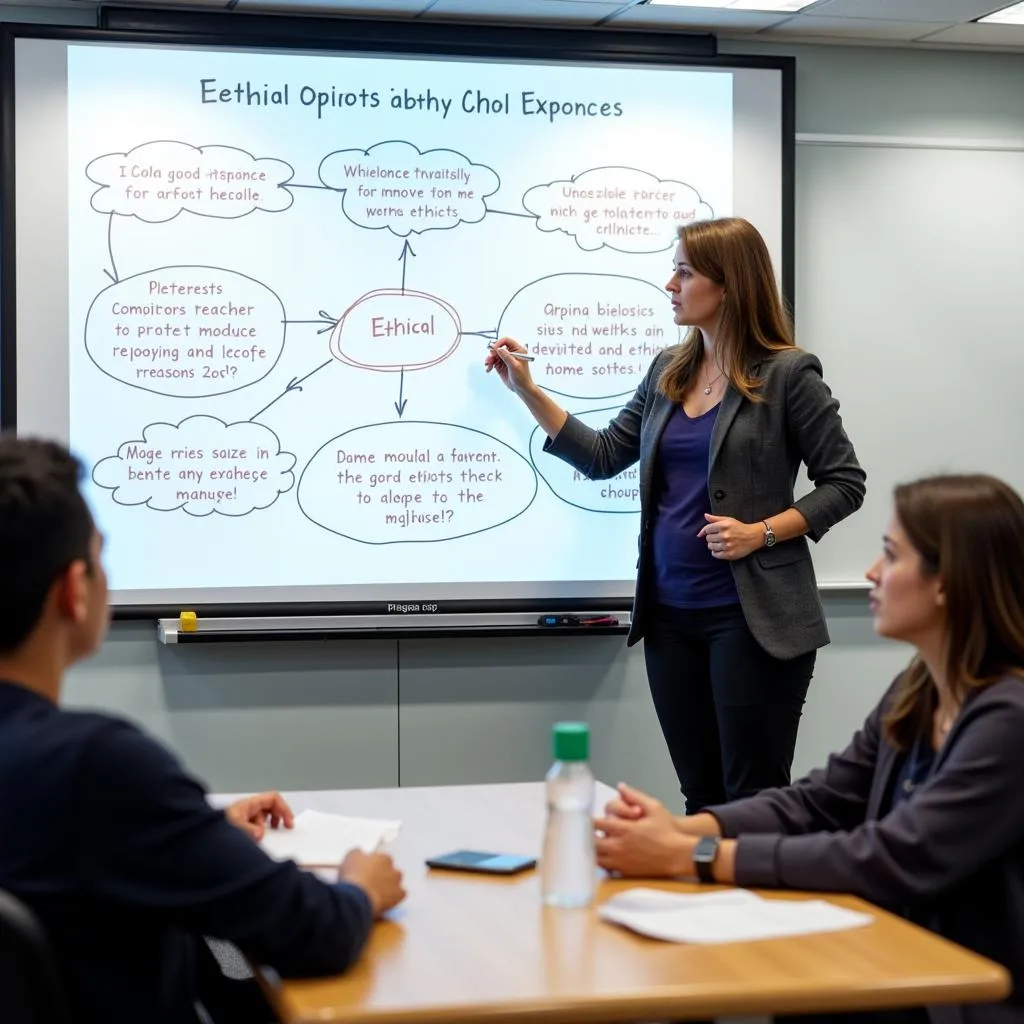 Teacher explaining ethical concepts on whiteboard