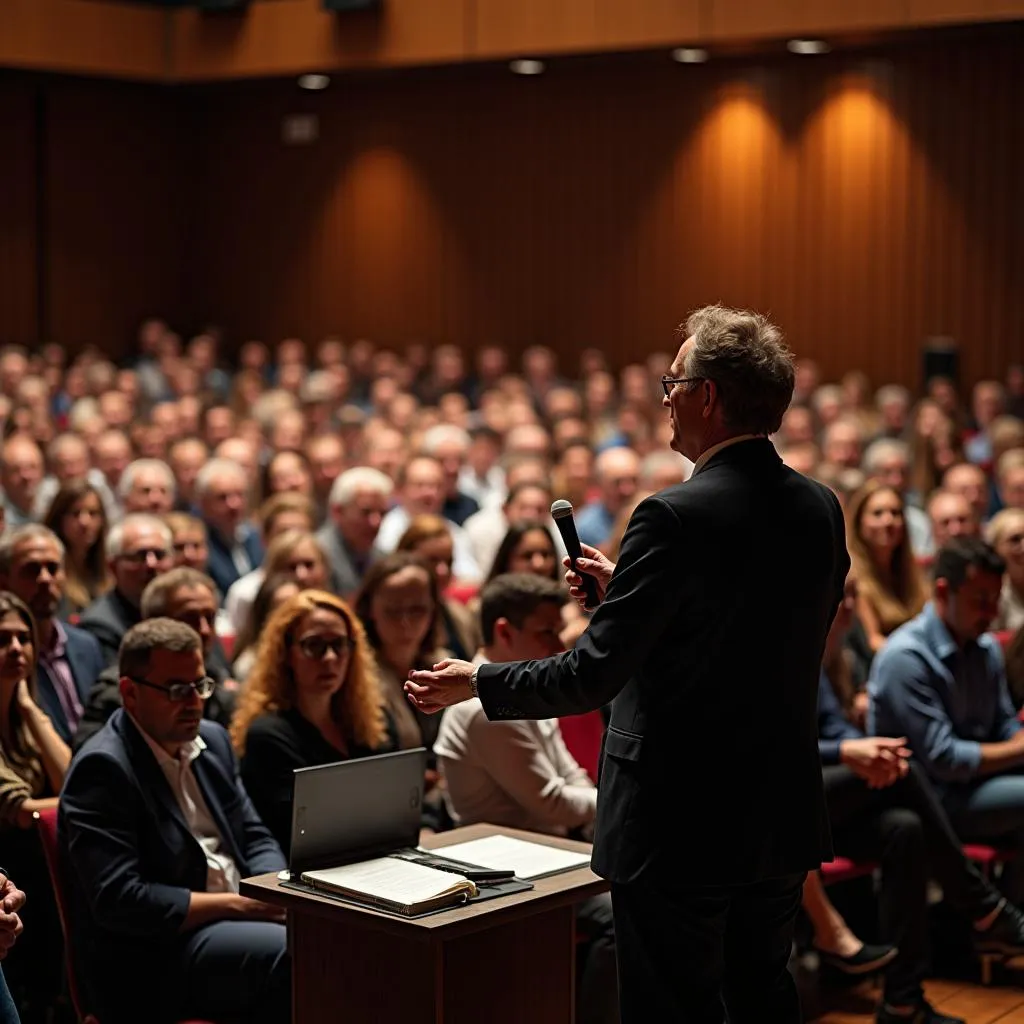 Audience members participating in a Q&amp;A session