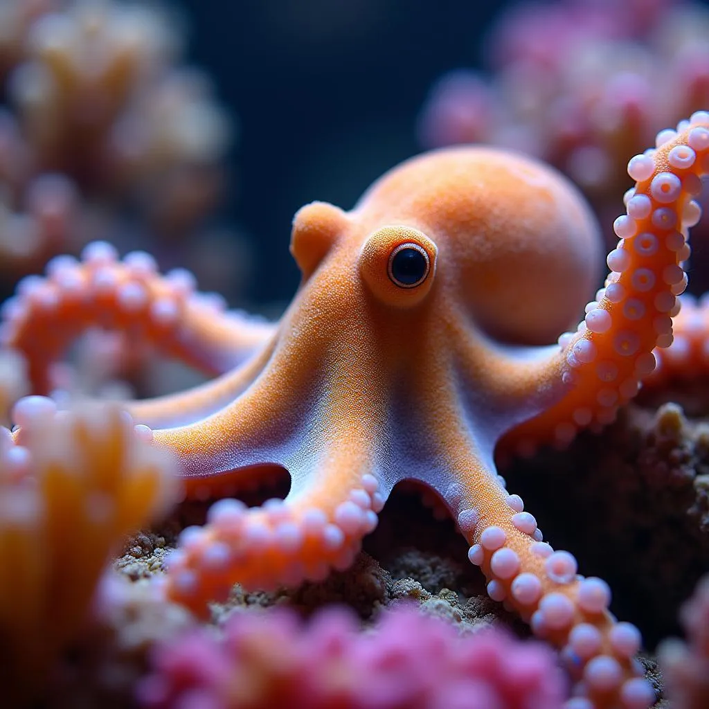 Octopus camouflaging in coral reef