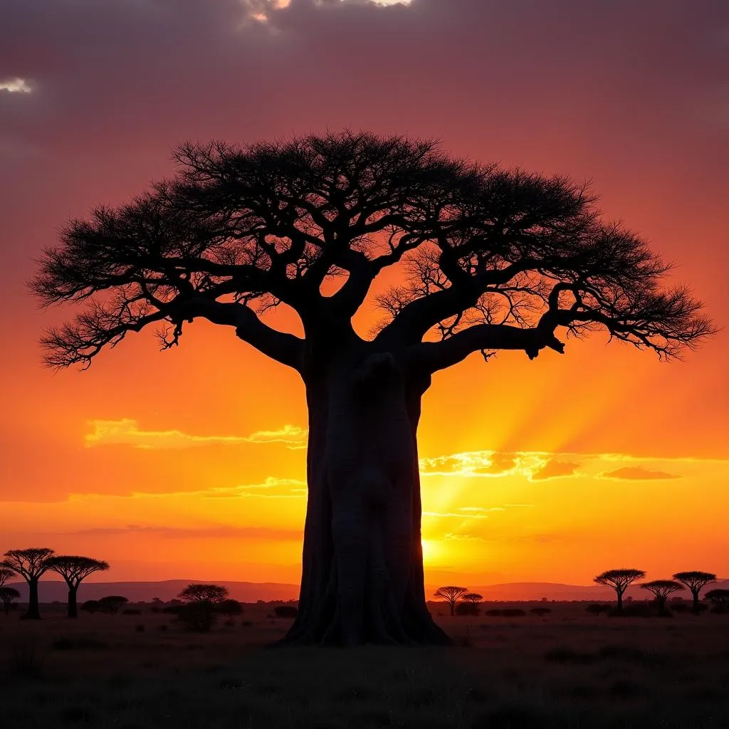 Interesting baobab tree against sunset sky