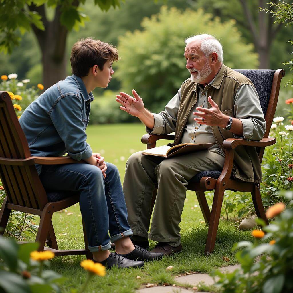 Grandfather sharing war stories with grandson