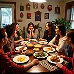 Neighbors sharing a cultural exchange dinner