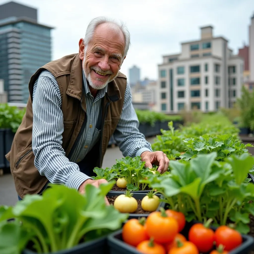 Interesting neighbor showcasing urban gardening on rooftop