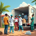 People working together to provide medical aid in a developing country