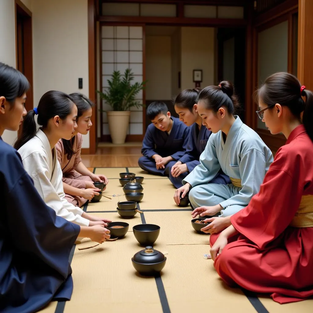 Students participating in a Japanese tea ceremony