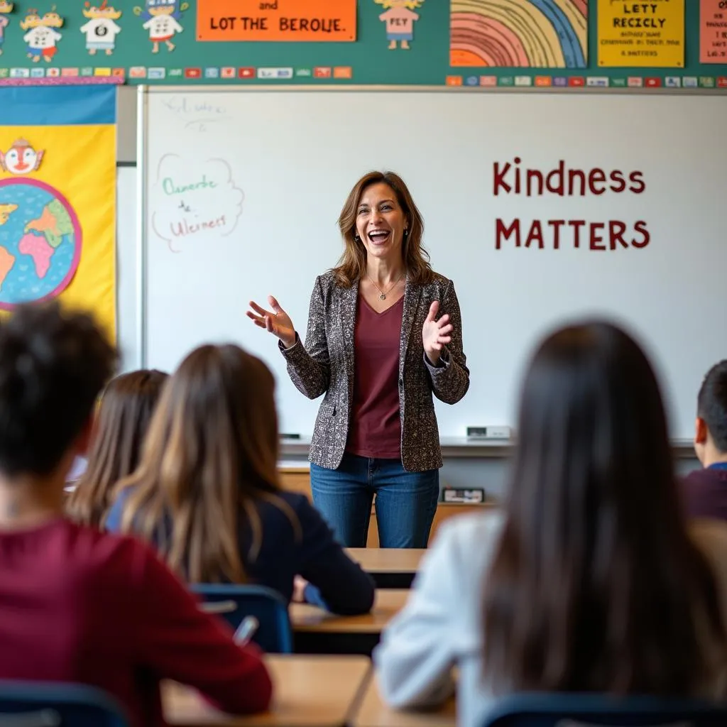 A kind teacher inspiring students in a classroom