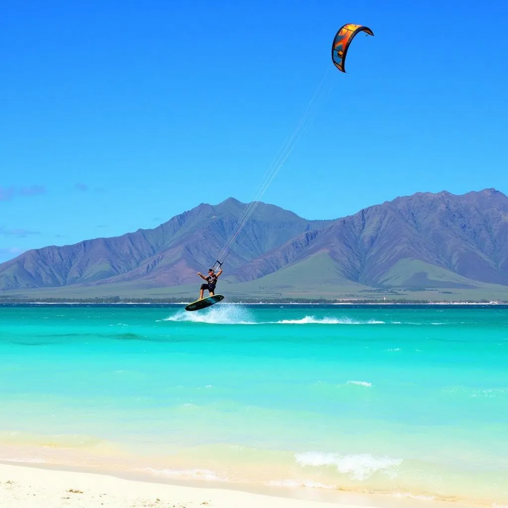 Kitesurfing on a beautiful beach in Maui, Hawaii