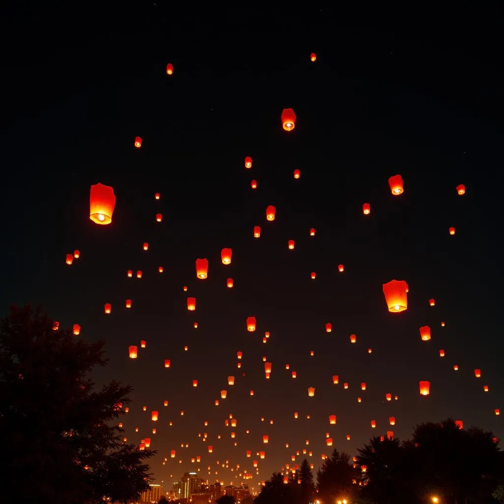 Colorful lanterns floating in night sky